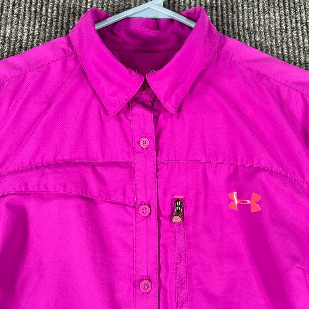 Under Armour Shirt Womens Medium Purple Long Sleeve Button Up Heat Gear Fitted